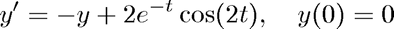 $$ y' = -y + 2 e^{-t}\cos(2t),\quad   y(0)=0 $$